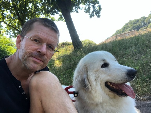 Die Bella beobachtet mit ihrem großen Mensch die Autos. Wanderpause im Schatten.