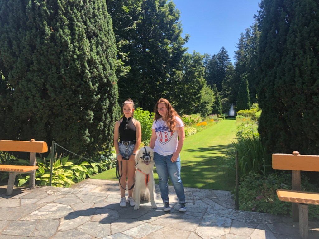 Die Bella mit ihrem Nasenzaun und ihren beiden Menschenschwestern